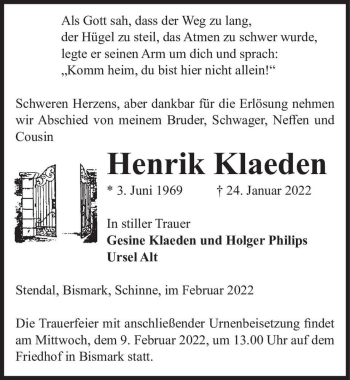 Traueranzeige von Henrik Klaeden  von Magdeburger Volksstimme
