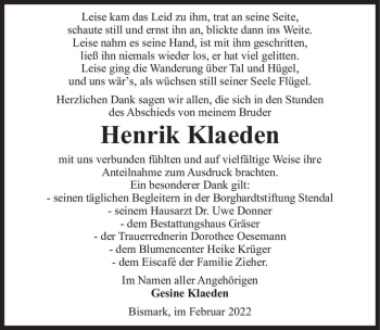 Traueranzeige von Henrik Klaeden  von Magdeburger Volksstimme