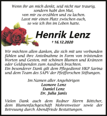 Traueranzeige von Henrik Lenz  von Magdeburger Volksstimme