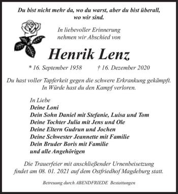 Traueranzeige von Henrik Lenz  von Magdeburger Volksstimme