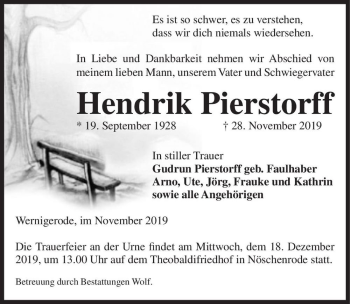 Traueranzeige von Henrik Pierstorff  von Magdeburger Volksstimme