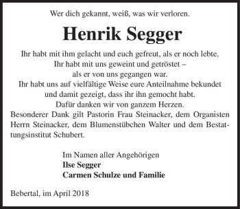Traueranzeige von Henrik Segger  von Magdeburger Volksstimme