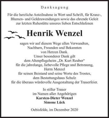 Traueranzeige von Henrik Wenzel  von Magdeburger Volksstimme