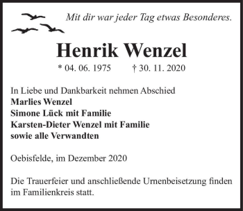 Traueranzeige von Henrik Wenzel  von Magdeburger Volksstimme
