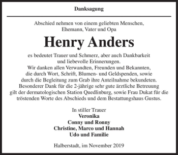 Traueranzeige von Henry Anders  von Magdeburger Volksstimme