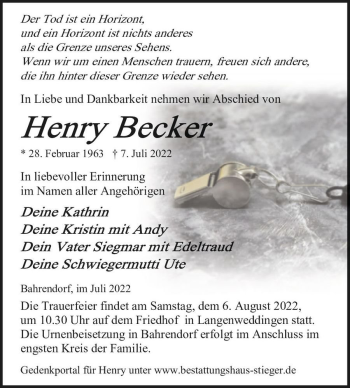 Traueranzeige von Henry Becker  von Magdeburger Volksstimme