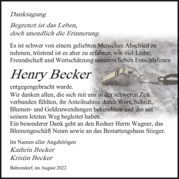 Traueranzeige von Henry Becker  von Magdeburger Volksstimme