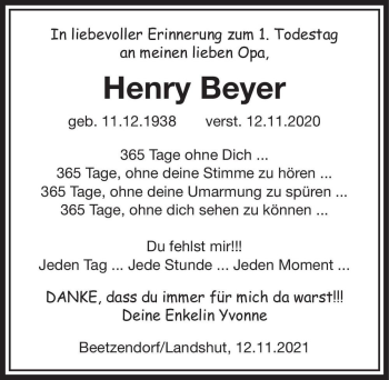 Traueranzeige von Henry Beyer  von Magdeburger Volksstimme