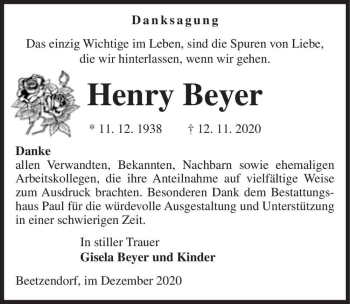 Traueranzeige von Henry Beyer  von Magdeburger Volksstimme
