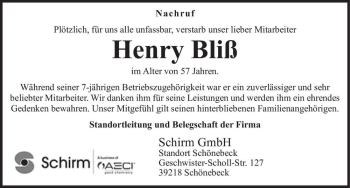 Traueranzeige von Henry Bliß  von Magdeburger Volksstimme