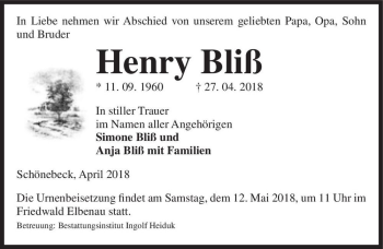 Traueranzeige von Henry Bliß  von Magdeburger Volksstimme