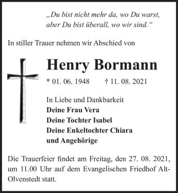 Traueranzeige von Henry Bormann  von Magdeburger Volksstimme