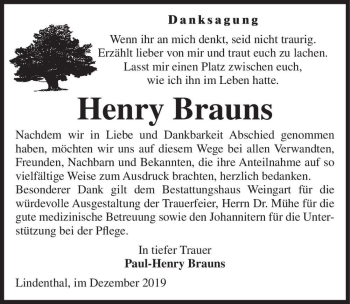 Traueranzeige von Henry Brauns  von Magdeburger Volksstimme