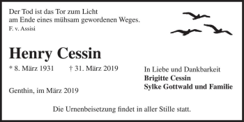 Traueranzeige von Henry Cessin  von Magdeburger Volksstimme