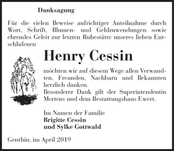 Traueranzeige von Henry Cessin  von Magdeburger Volksstimme