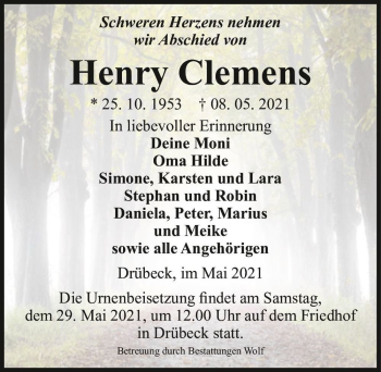 Traueranzeige von Henry Clemens  von Magdeburger Volksstimme