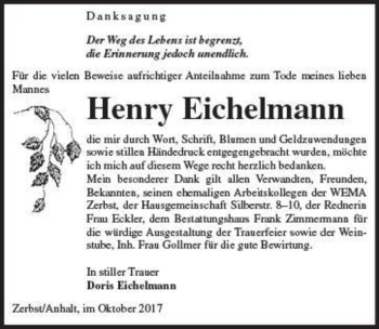 Traueranzeige von Henry Eichelmann  von Magdeburger Volksstimme