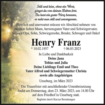 Traueranzeige von Henry Franz  von Magdeburger Volksstimme
