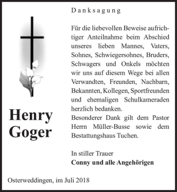 Traueranzeige von Henry Goger  von Magdeburger Volksstimme