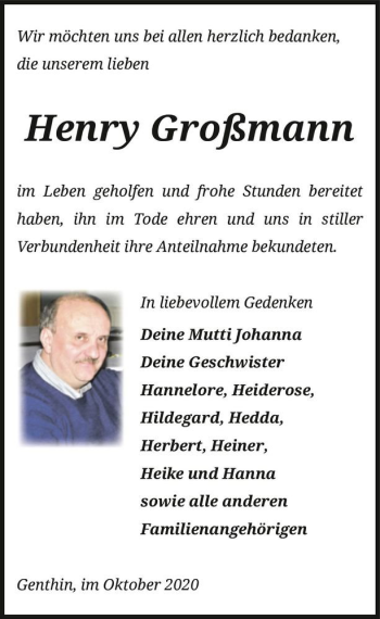 Traueranzeige von Henry Großmann  von Magdeburger Volksstimme