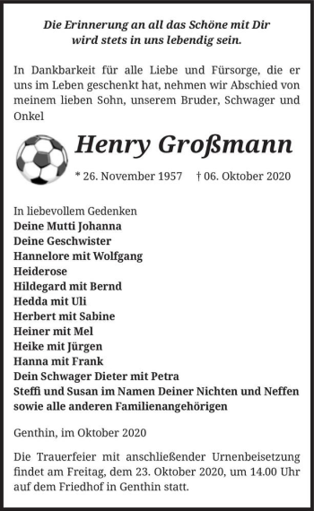 Traueranzeige von Henry Großmann  von Magdeburger Volksstimme