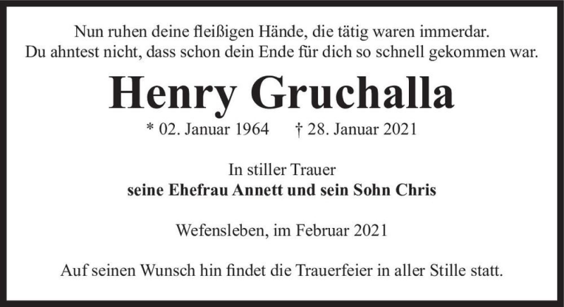  Traueranzeige für Henry Gruchalla  vom 03.02.2021 aus Magdeburger Volksstimme