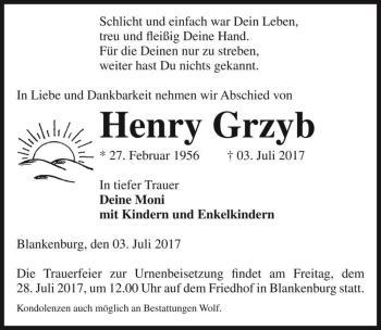 Traueranzeige von Henry Grzyb  von Magdeburger Volksstimme