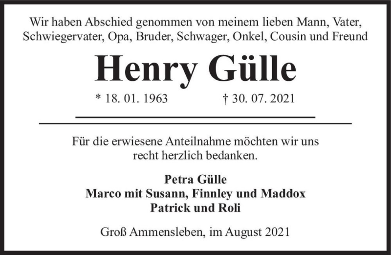  Traueranzeige für Henry Gülle  vom 21.08.2021 aus Magdeburger Volksstimme