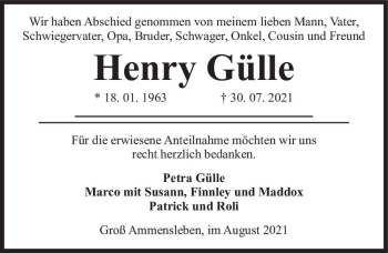 Traueranzeige von Henry Gülle  von Magdeburger Volksstimme