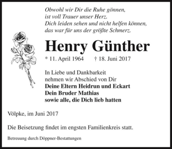 Traueranzeige von Henry Günther  von Magdeburger Volksstimme