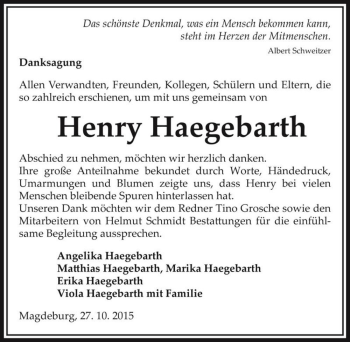Traueranzeige von Henry Haegebarth  von Magdeburger Volksstimme