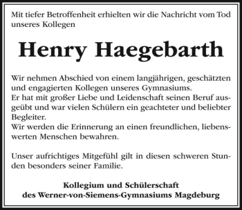 Traueranzeige von Henry Haegebarth  von Magdeburger Volksstimme