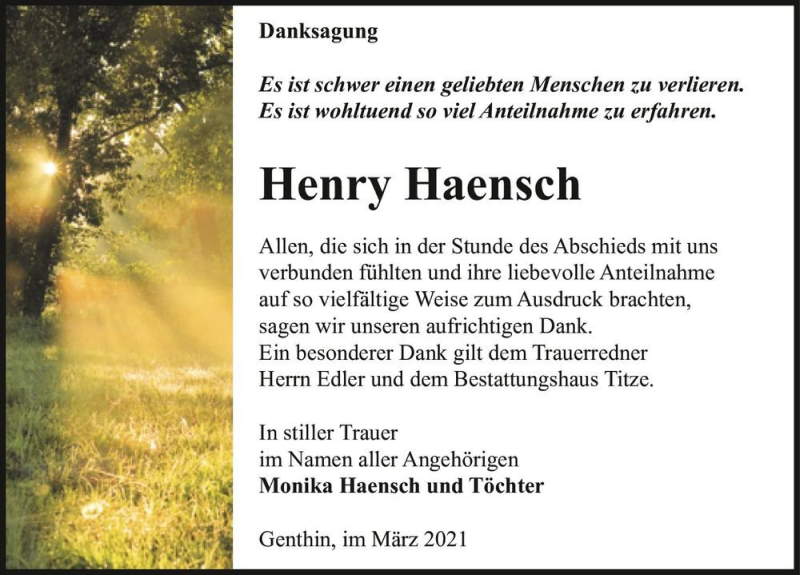  Traueranzeige für Henry Haensch  vom 03.04.2021 aus Magdeburger Volksstimme