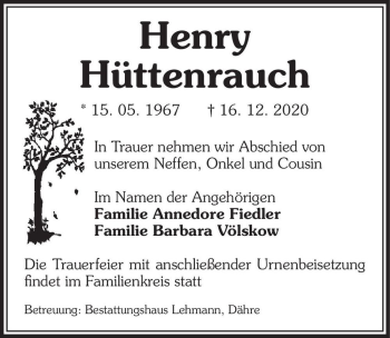 Traueranzeige von Henry Hüttenrauch  von Magdeburger Volksstimme