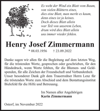 Traueranzeige von Henry Josef Zimmermann  von Magdeburger Volksstimme