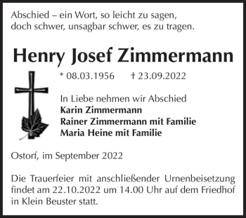 Traueranzeige von Henry Josef Zimmermann  von Magdeburger Volksstimme