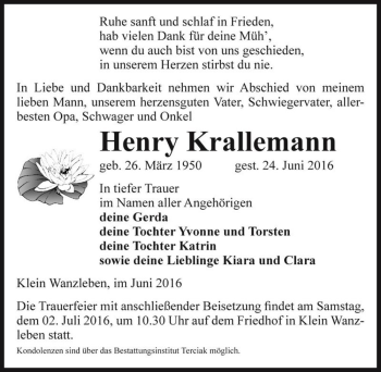 Traueranzeige von Henry Krallemann  von Magdeburger Volksstimme