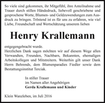 Traueranzeige von Henry Krallemann  von Magdeburger Volksstimme
