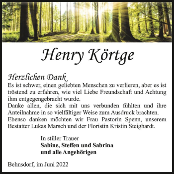 Traueranzeige von Henry Körtge  von Magdeburger Volksstimme
