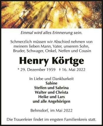 Traueranzeige von Henry Körtge  von Magdeburger Volksstimme