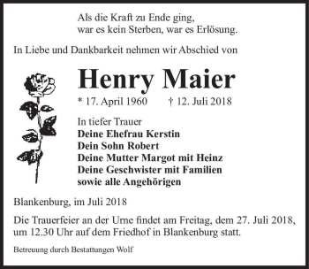 Traueranzeige von Henry Maier  von Magdeburger Volksstimme