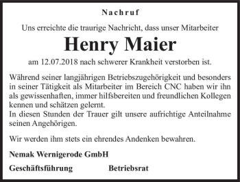 Traueranzeige von Henry Maier  von Magdeburger Volksstimme