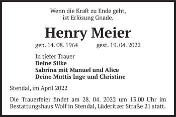 Traueranzeige von Henry Meier  von Magdeburger Volksstimme