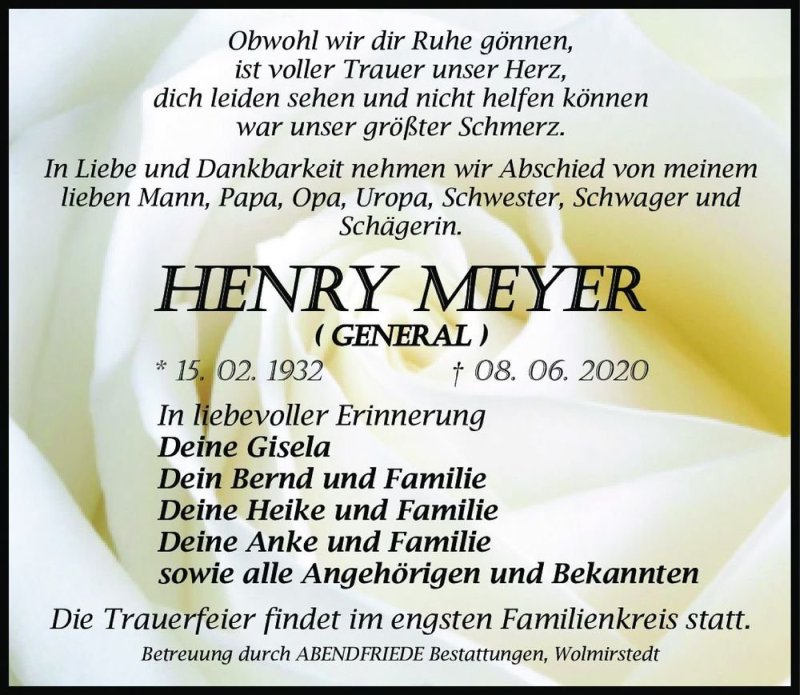  Traueranzeige für Henry Meyer  vom 20.06.2020 aus Magdeburger Volksstimme
