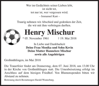 Traueranzeige von Henry Mischur  von Magdeburger Volksstimme