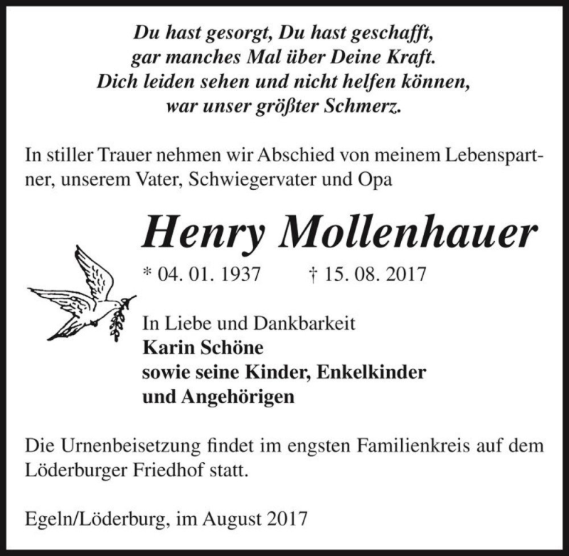  Traueranzeige für Henry Mollenhauer  vom 26.08.2017 aus Magdeburger Volksstimme