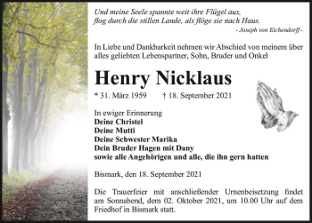 Traueranzeige von Henry Nicklaus  von Magdeburger Volksstimme