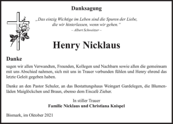 Traueranzeige von Henry Nicklaus  von Magdeburger Volksstimme