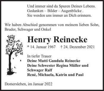 Traueranzeige von Henry Reinecke  von Magdeburger Volksstimme