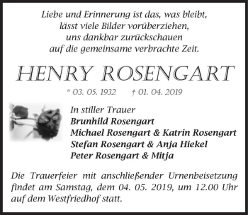 Traueranzeige von Henry Rosengart  von Magdeburger Volksstimme